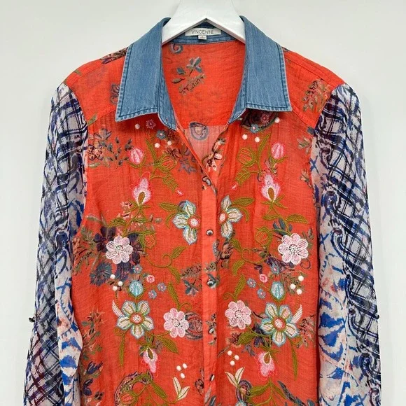 Vincente Tunic Top Shirt Blouse Size Small Embroidered Sheer Button Up Boho - Picture 3 of 16